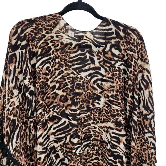 Bobbie Brooks Lightweight Kimono Cardigan One Size Brown Leopard Tassel Fringe - Picture 10 of 13